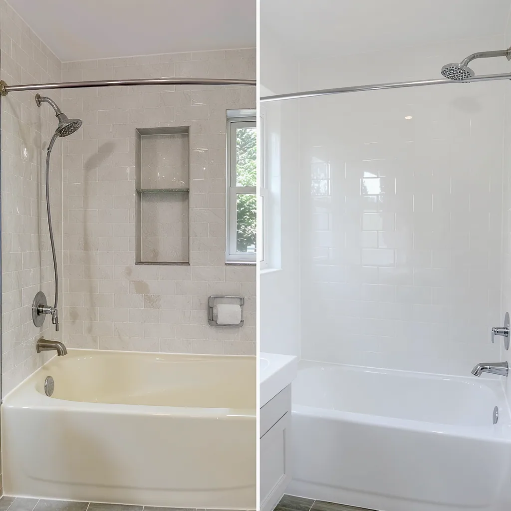Side-by-side comparison of a resurfaced bathtub versus a full replacement, showing cost and finish differences.