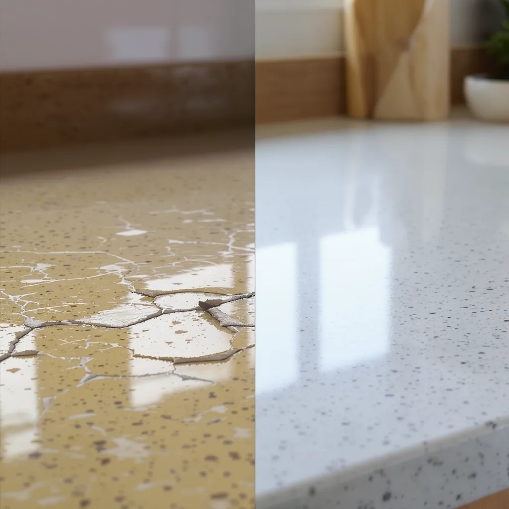 Close-up of a technician repairing a chip in a white quartz countertop with epoxy resin.