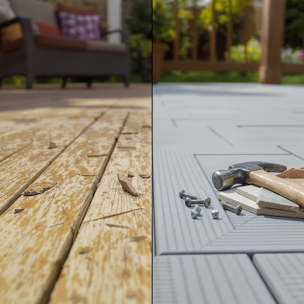 Close-up comparison of weathered wood decking boards versus modern composite decking material.