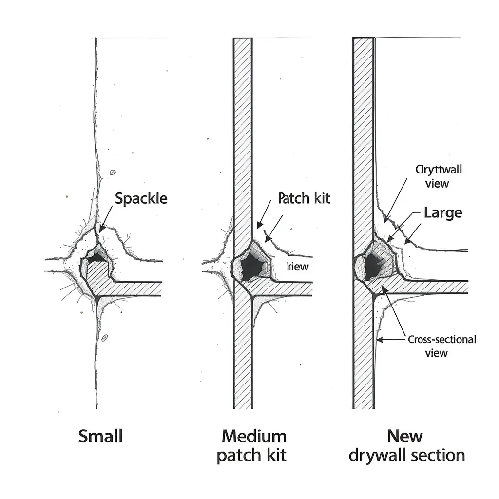 Side-by-side Diagrams For Repairing Small Medium And Large Drywall Holes