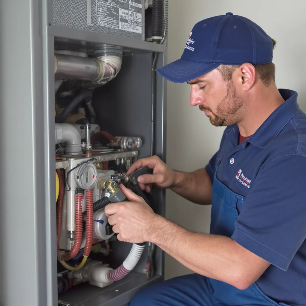 HVAC technician comparing an old furnace to a new high-efficiency model for winter home heating.