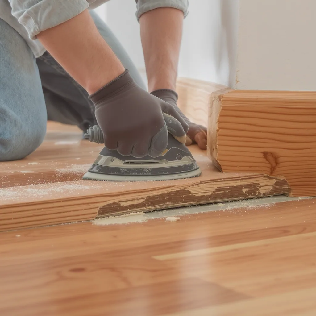 Comparison of damaged hardwood floor repair options: sanding, board replacement, and new flooring installation.