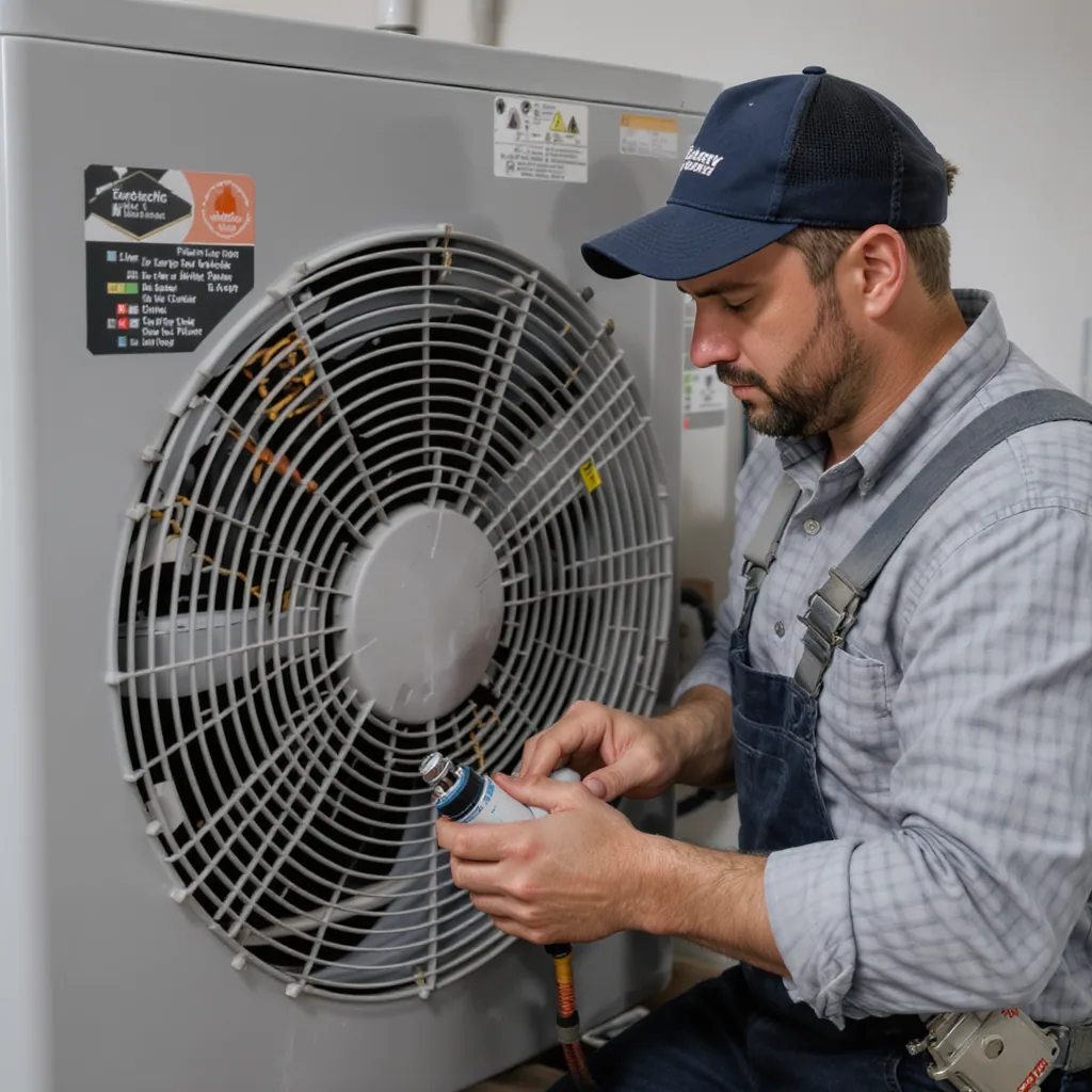 Technician troubleshooting a heat pump's outdoor unit in winter to restore cold climate heating performance.