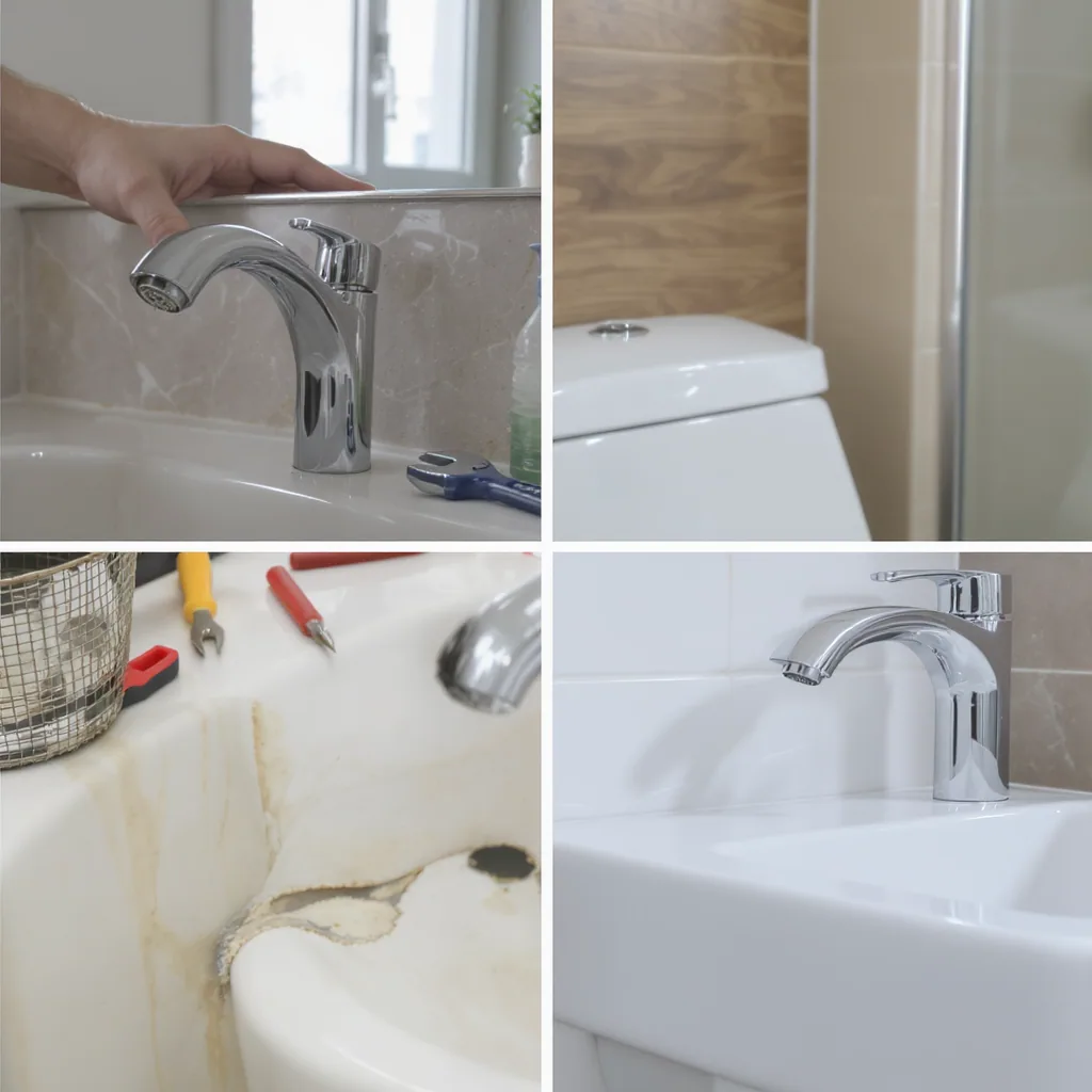 A modern bathroom sink faucet being repaired with a wrench, representing plumbing fixture maintenance.