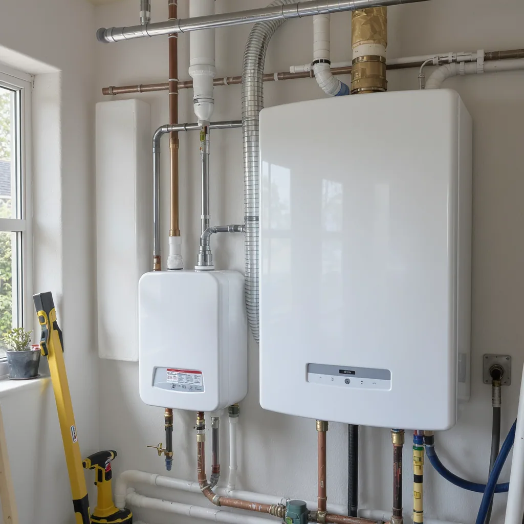 Professional plumber installing a new high-efficiency water heater in a home basement.